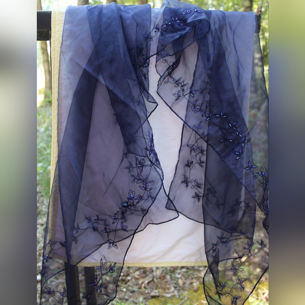 Elegant Sheer Navy Blue Embroidered Scarf